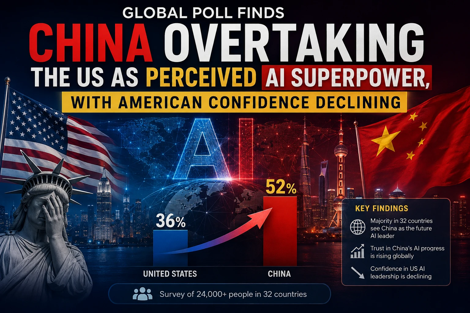 Global Poll Finds China Overtaking the US as Perceived AI Superpower, with American Confidence Declining